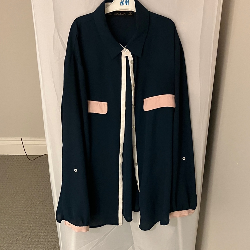 Zara Women's Navy Button Down Shirt with Pink Accents